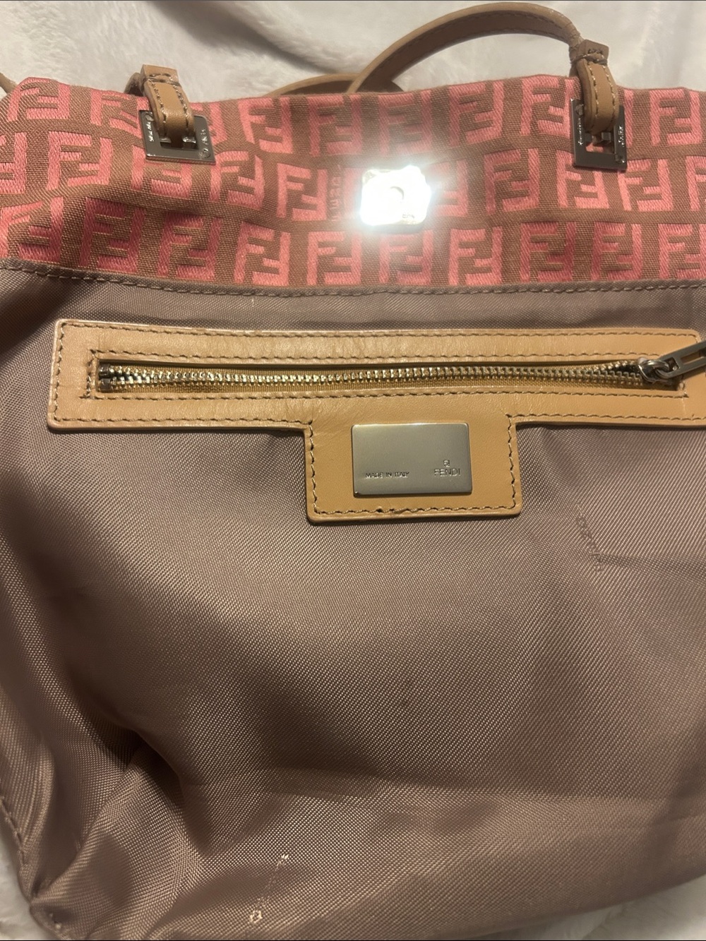 Fendi Pink and Tan FF Logo Tote with sliver Hardware